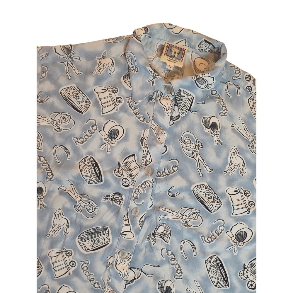 Vintage Desert West Sherry Holt Rodeo Print Shirt USA Blue Rayon Women's L